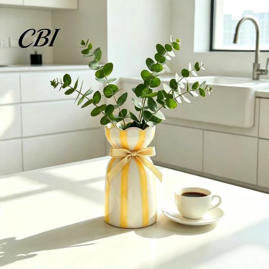 Ceramic Bud Vase Hand-Painted Vase, Minimalist Striped Floral for Fresh Hydroponic Plant Container Flowers, Pot Desk Window Sill Garden Colorful