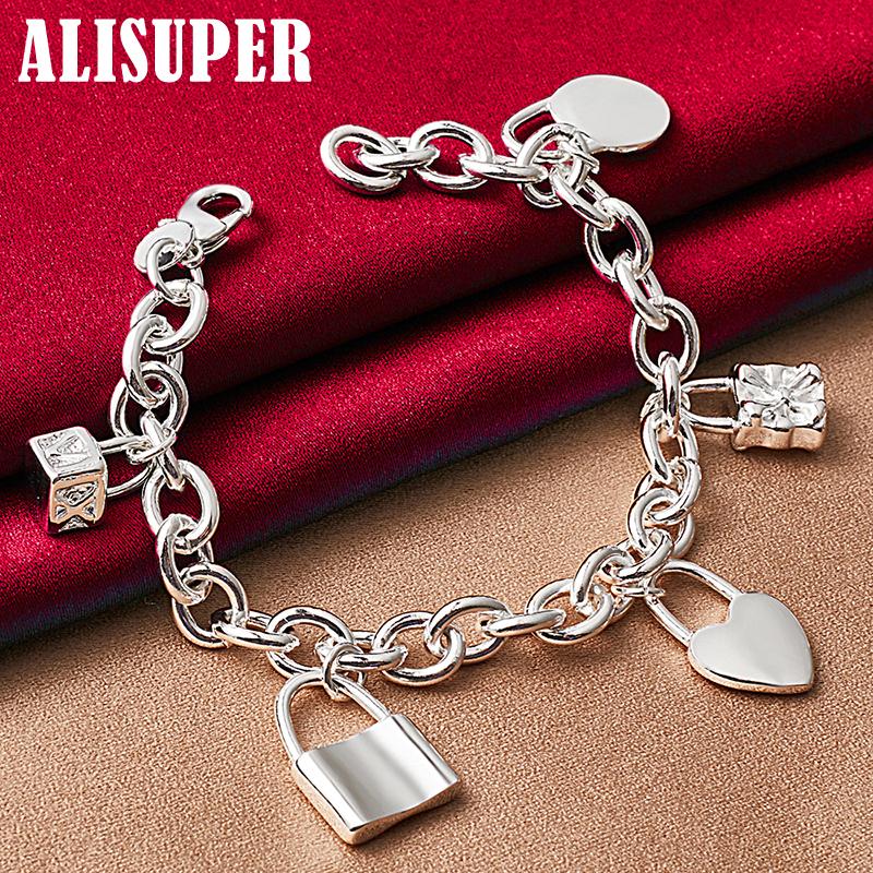 925 Sterling Silver Bracelet Heart / Circle / Square Lock Bracelets Jewelry