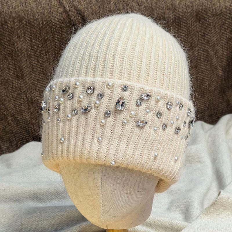Angola rabbit fur pullover hat rhinestone knitted hat thickened autumn and winter thermal hat women's ear protectors wool hat women