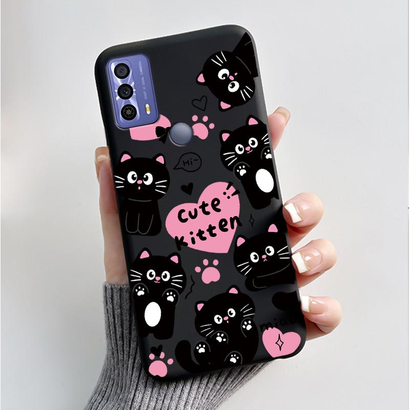 Printing Pattern Case For TCL 20B (6159K) Soft Silicone Black Shell Cover Cute Flower Cartoon Casing