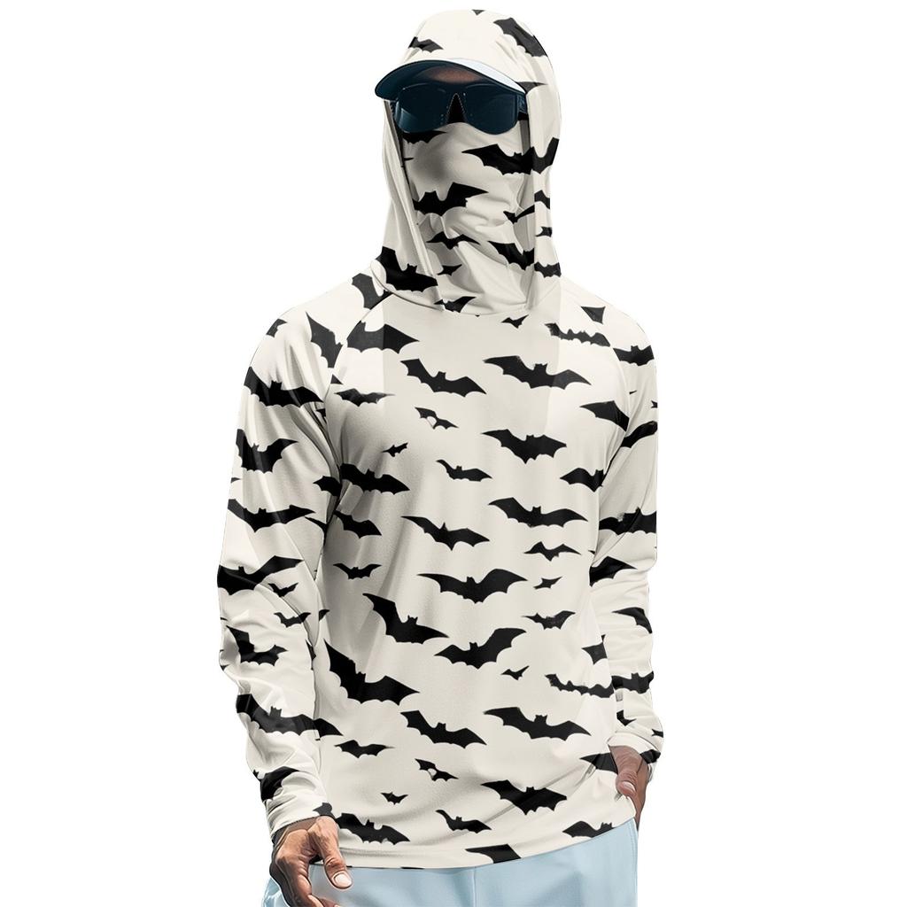 Мужская худи реглан для рыбалки с принтами на Хэллоуин - UPF 50+ УФ защита, длинный рукав, солнцезащитная рубашка с сетчатым козырьком