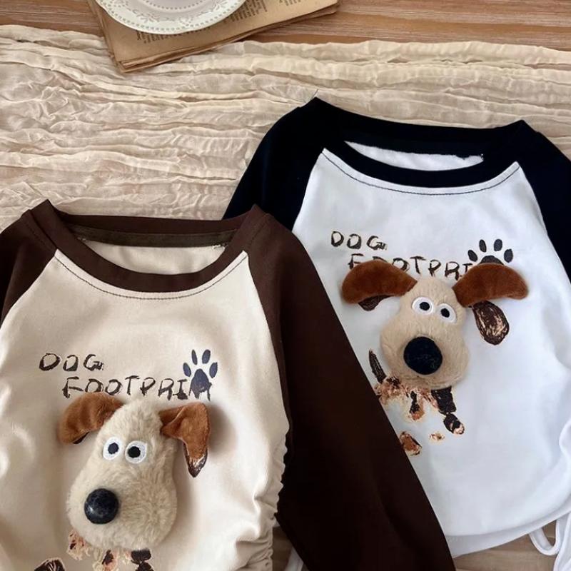 Cute Puppy Cartoon Childlike Kids Long Sleeve T-Shirt 2025 Girls Boys Base Shirt Korean Version Kawaii Spliced Patchwork Tops