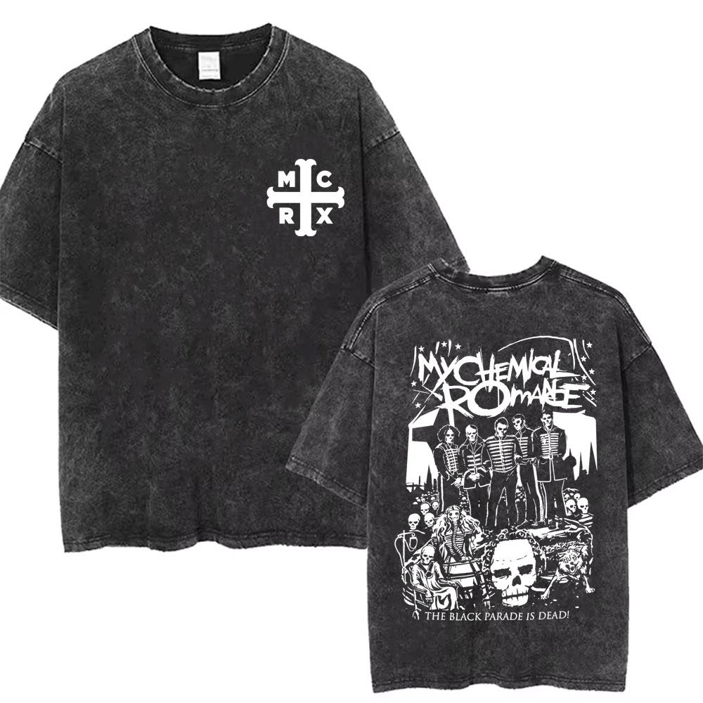Men Women Punk Emo Rock Oversized Short Sleeve Tops Rock Band My Chemical Romance Washed Vintage Printed T Shirt