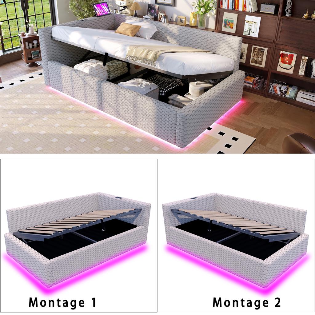 Upholstered Bed 90 x 200 cm, with LED Lighting, Type-C and Two USB Ports, L-Shaped Backrest, Velvet, Hydraulic Bed Frame, Grey (Mattress not Included)