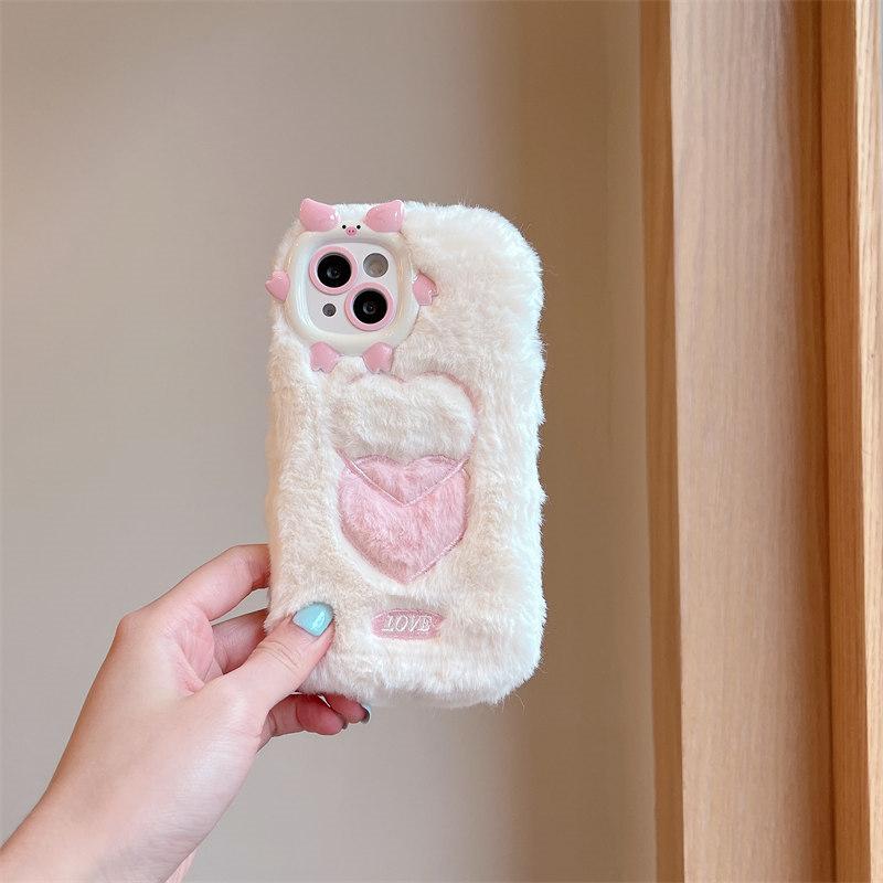 Осенне-зимний плюшевый чехол для объектива с рисунком свиньи в оправе для телефона iPhone 15 14 13 12 11 Pro Max, универсальный защитный чехол от падения