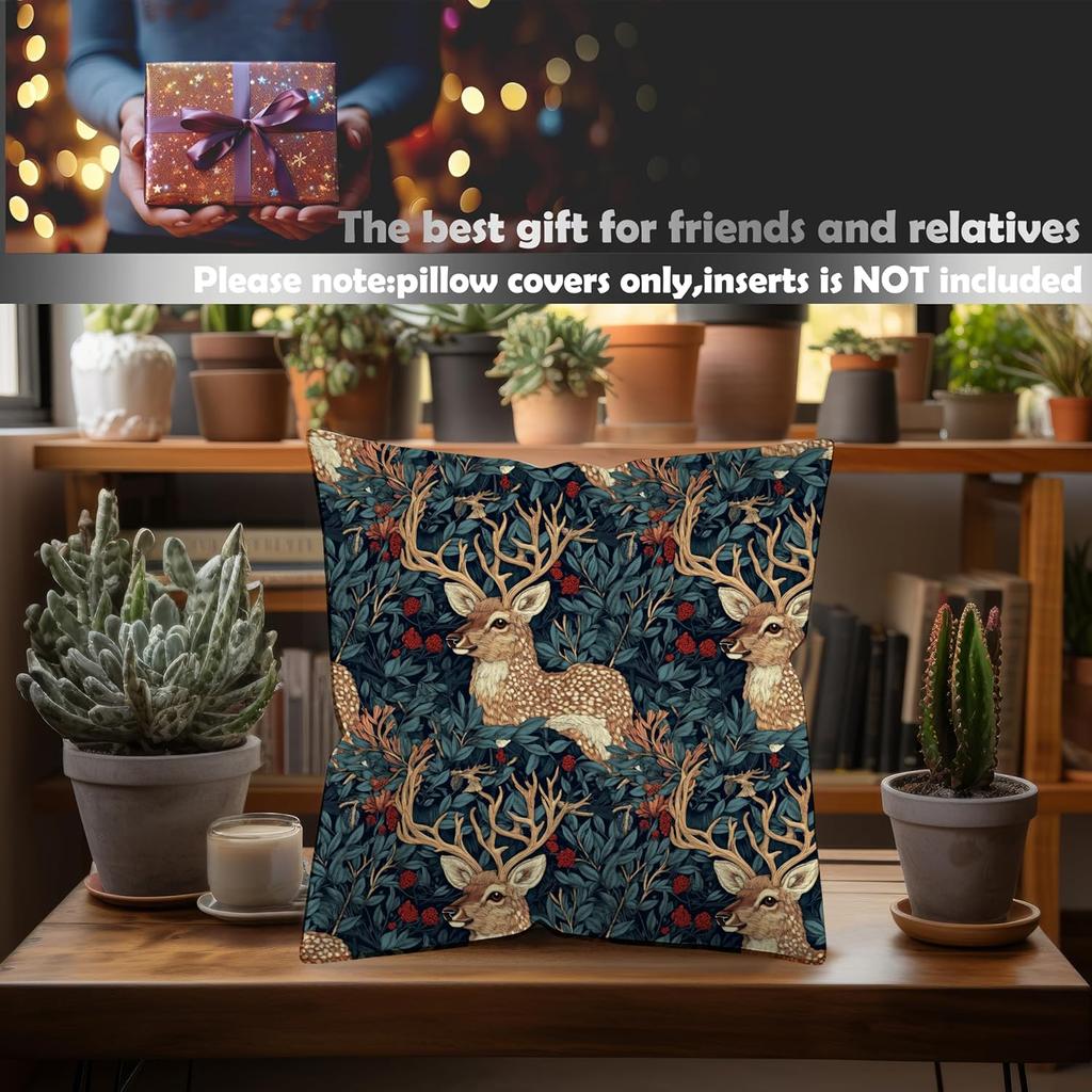 Vintage Floral Deer Pillow Covers, Cottagecore Room Home Decor, Art Nouveau Botanical Forest Deer Decorative Pillow Covers for Home Bedroom Living