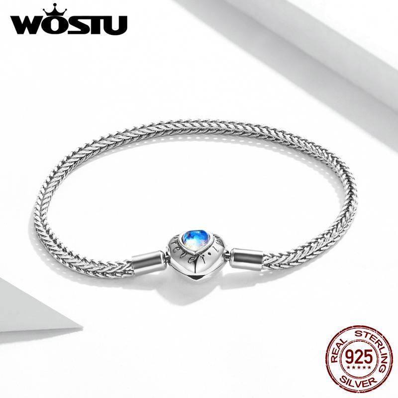 WOSTU Изысканный браслет-цепочка из стерлингового серебра 925 пробы с лунным камнем в форме сердца, подходит для браслета, ювелирных украшений