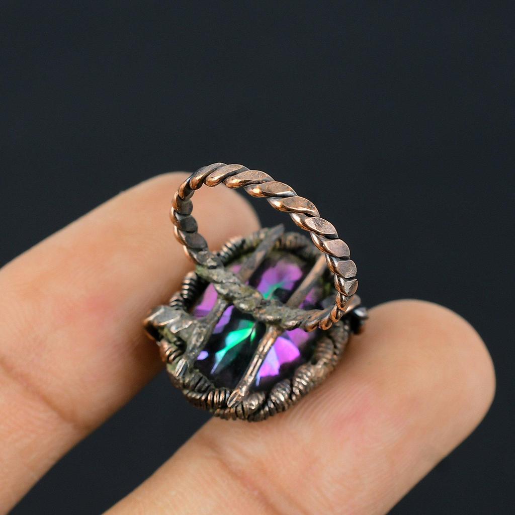 Mystic Topaz Gemstone Copper Wire Wrapped Handmade Jewelry Ring Gift For Woman