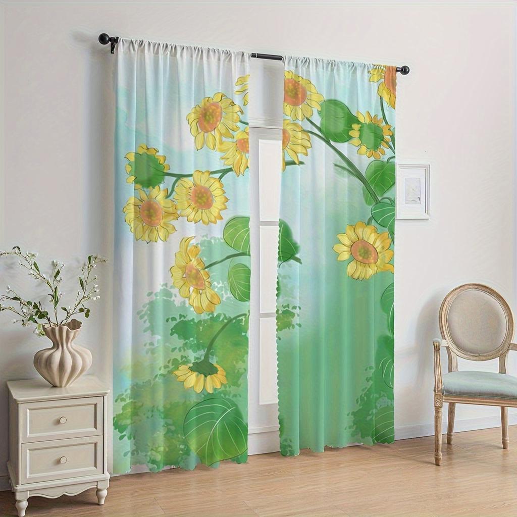 2pcs Sunflower Pattern Curtains, Rod Pocket Decorative Window Drapes Window Treatments For Bedroom Living Room Home Decoration