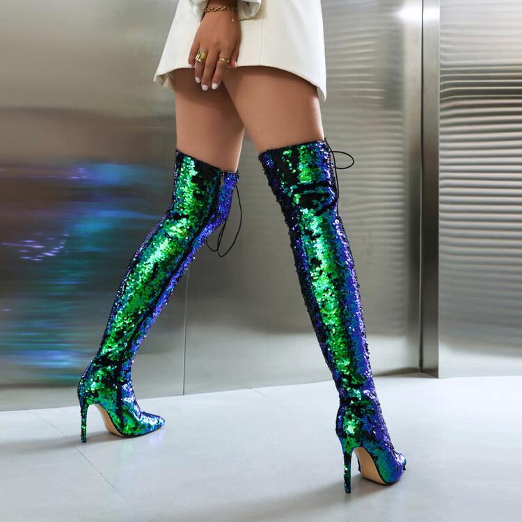Женские серебристые сапоги на шпильках с пайетками, тонкие, очень высокие каблуки, на молнии, со шнуровкой, блестящие, золотисто-синие, 48