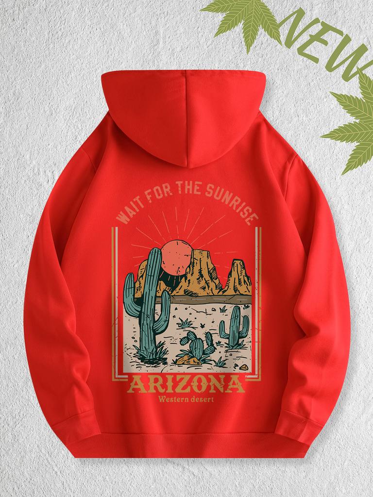 Men's Loose Trendy Hooded Sweatshirt with Arizona Desert Print, Fall/winter Casual Daily Pullover Hooded Sports Shirt.