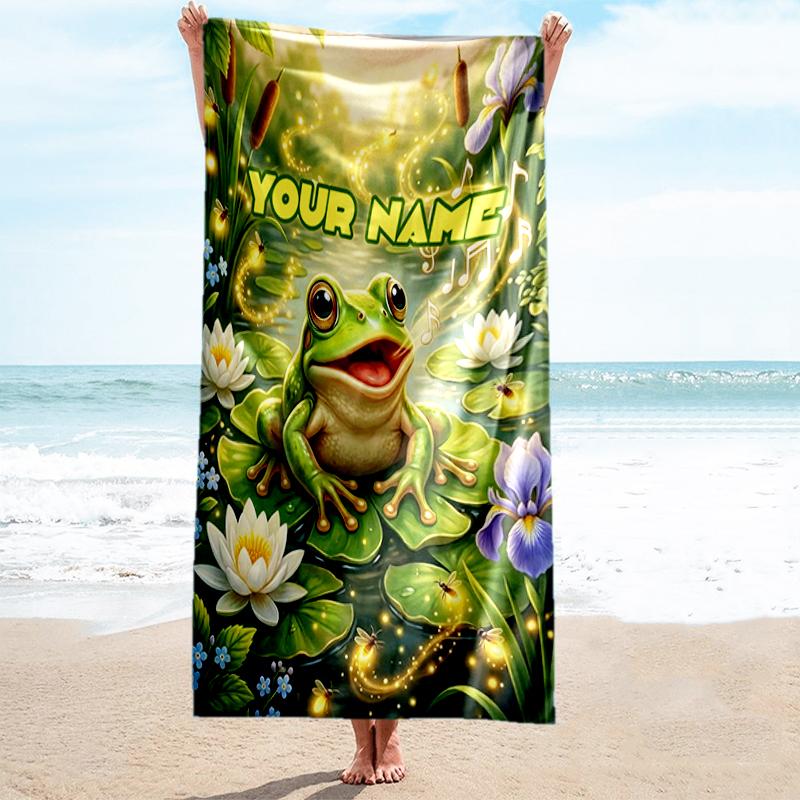1PC Custom Name Frog Pond Beach Towel Highly Absorbent And Sand-Resistant Towel for Swimming, Pool, Yoga, And Travel Lightweight