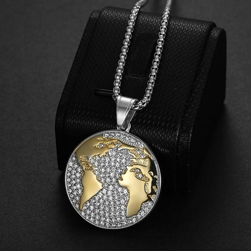 Megin D Stainless Steel Titanium Zircon World Map Round Pendant Hip Hop Collar Chains Necklace for Men Women Couple Gift Jewelry