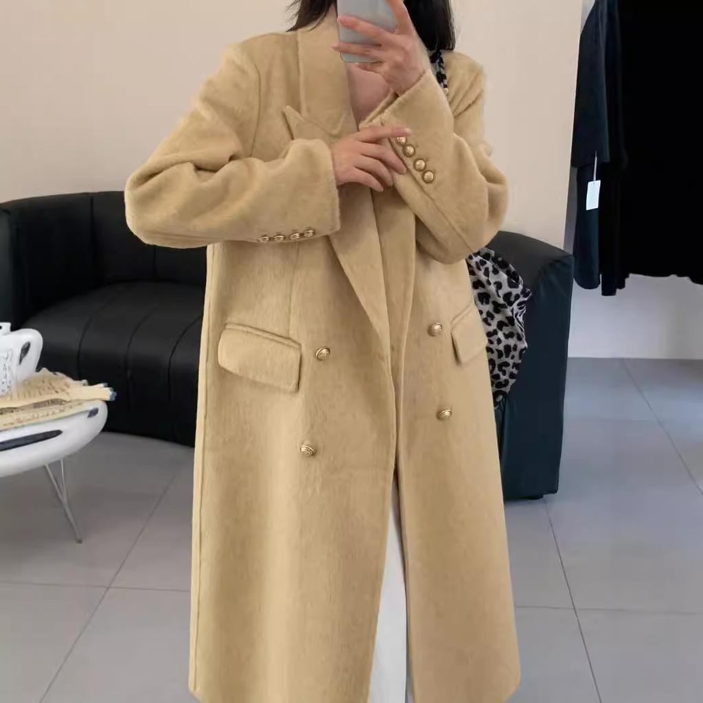 Retro Gold Buckle Brown Suit Double-sided Wool Coat for Women Autumn and Winter Double-breasted Mid-length Herringbone Wool Coat