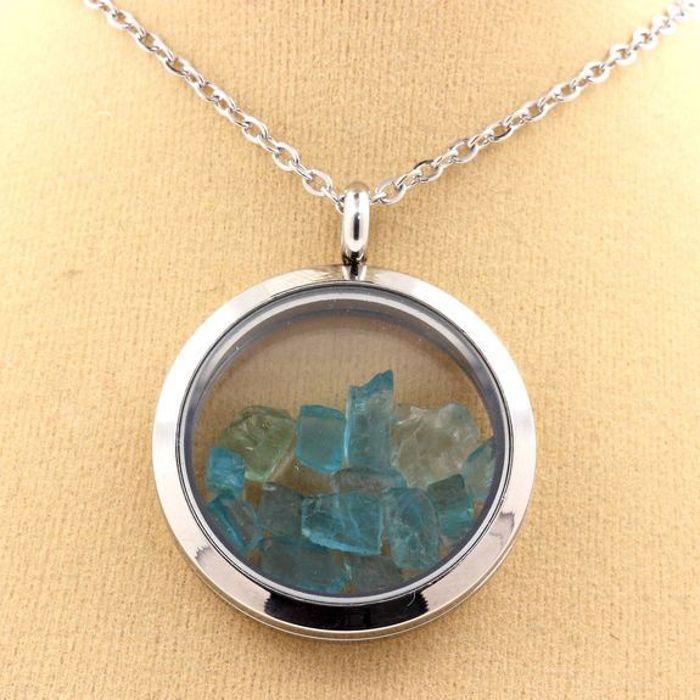 Stones and Minerals. Raw Paraiba Apatite Necklace. 25 Mm Medallion Model. Color Silver.