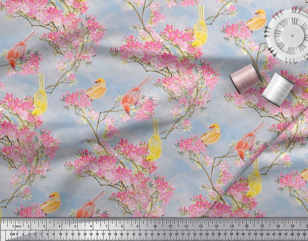 Soimoi Серая полиэфирная креповая ткань с принтом «Цветы и голуби и птицы» шириной 42 дюйма по метрам