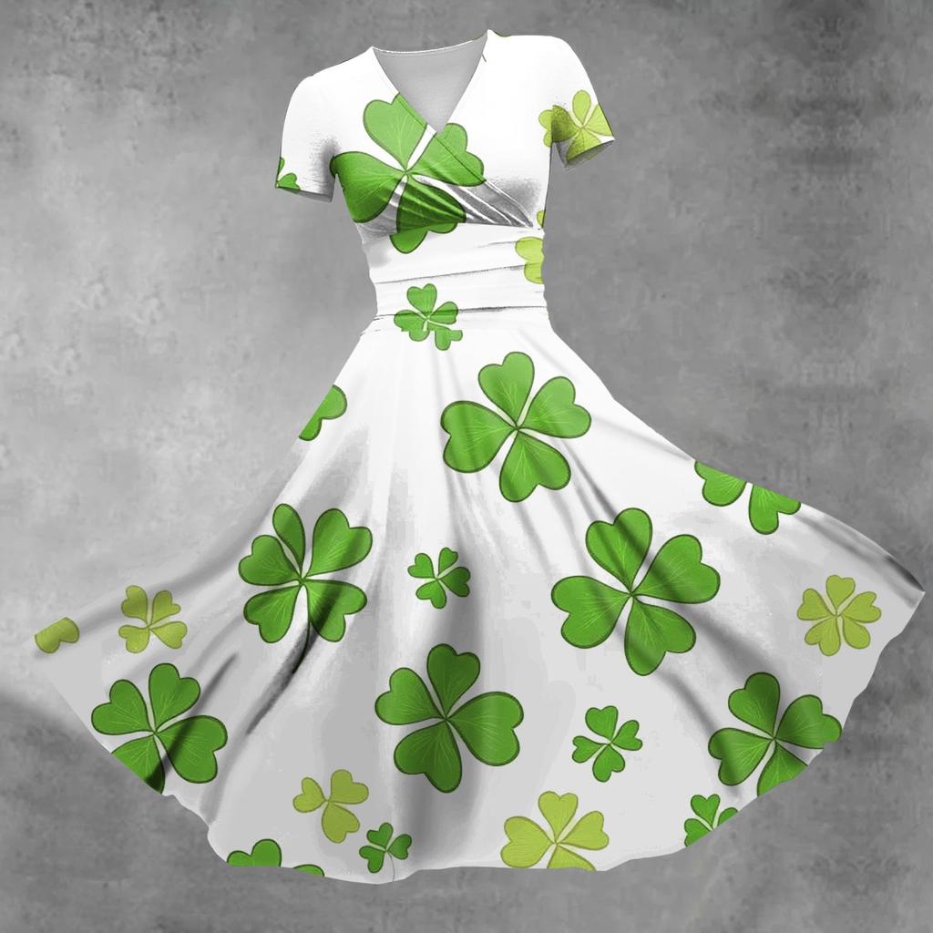 Women's V-neck St. Patrick's Day Printed Waisted Shirred Short Sleeve Dress