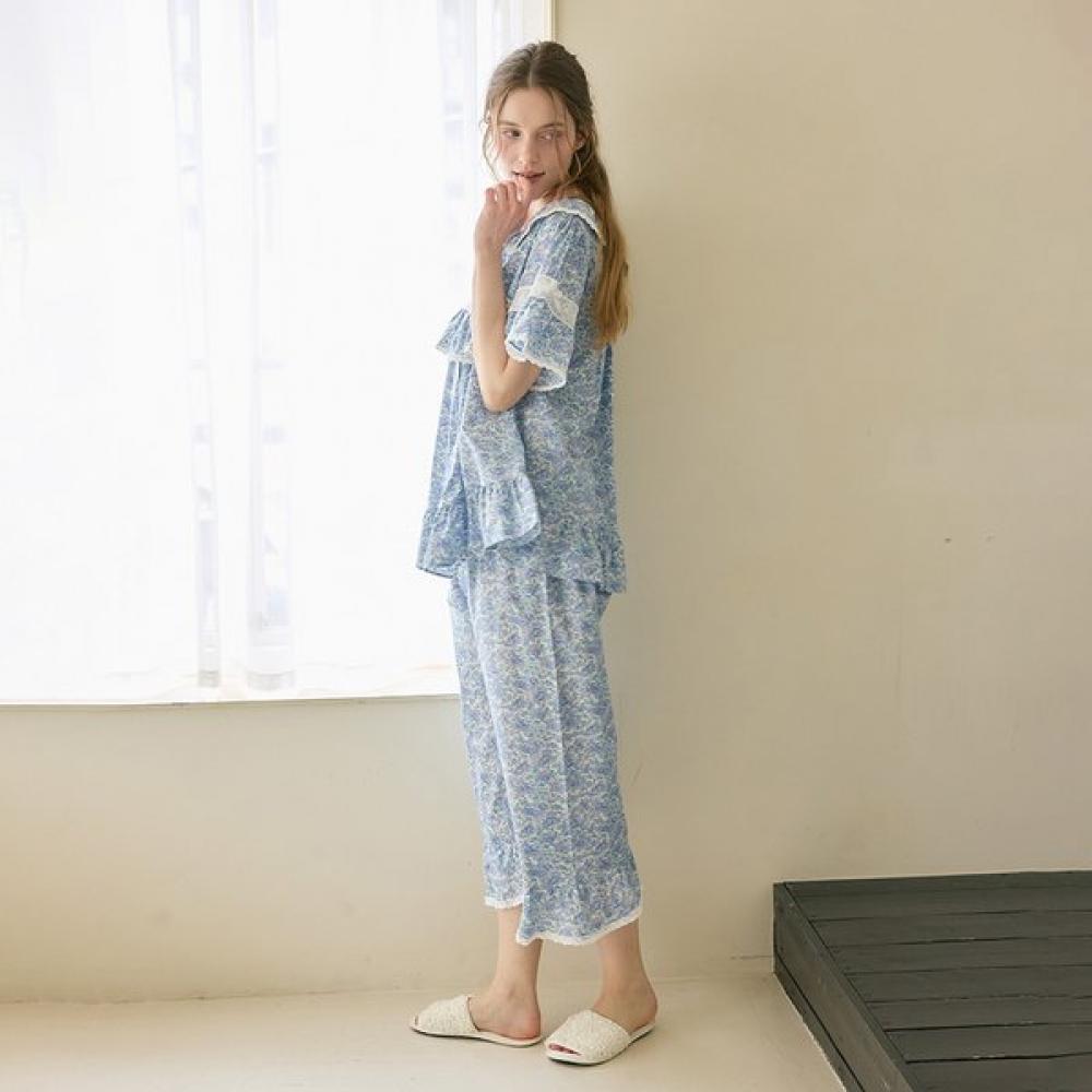 Lunaluz Women Cotton Short Sleeve Round Neck Two Piece Pajamas