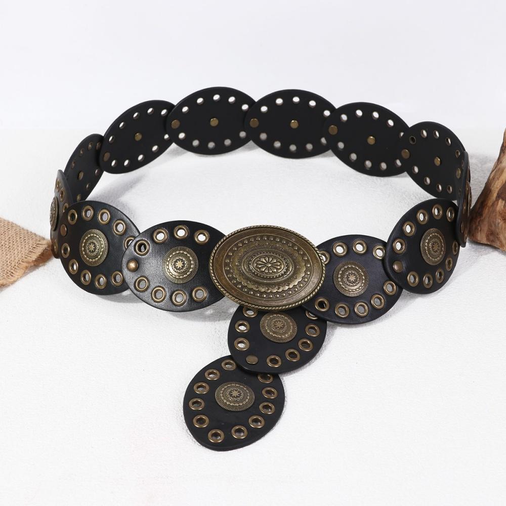 Steampunk Wide Waist Belt Gold Studded Vintage Western Belt Pu Leather Waistband Cowboy Large Round Buckle Belt For Themed Party