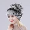Winter Women Good Elasticity Real Rex Rabbit Fur Hats with Silver Fox Fur Lady Outdoor Warm Knitted Genuine Rex Rabbit Fur Cap