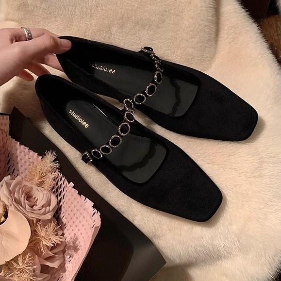 Версия из овчины~ Французский темперамент стразовое слово с замшевыми туфлями Мэри Джейн квадратный носок балетки с мелким вырезом