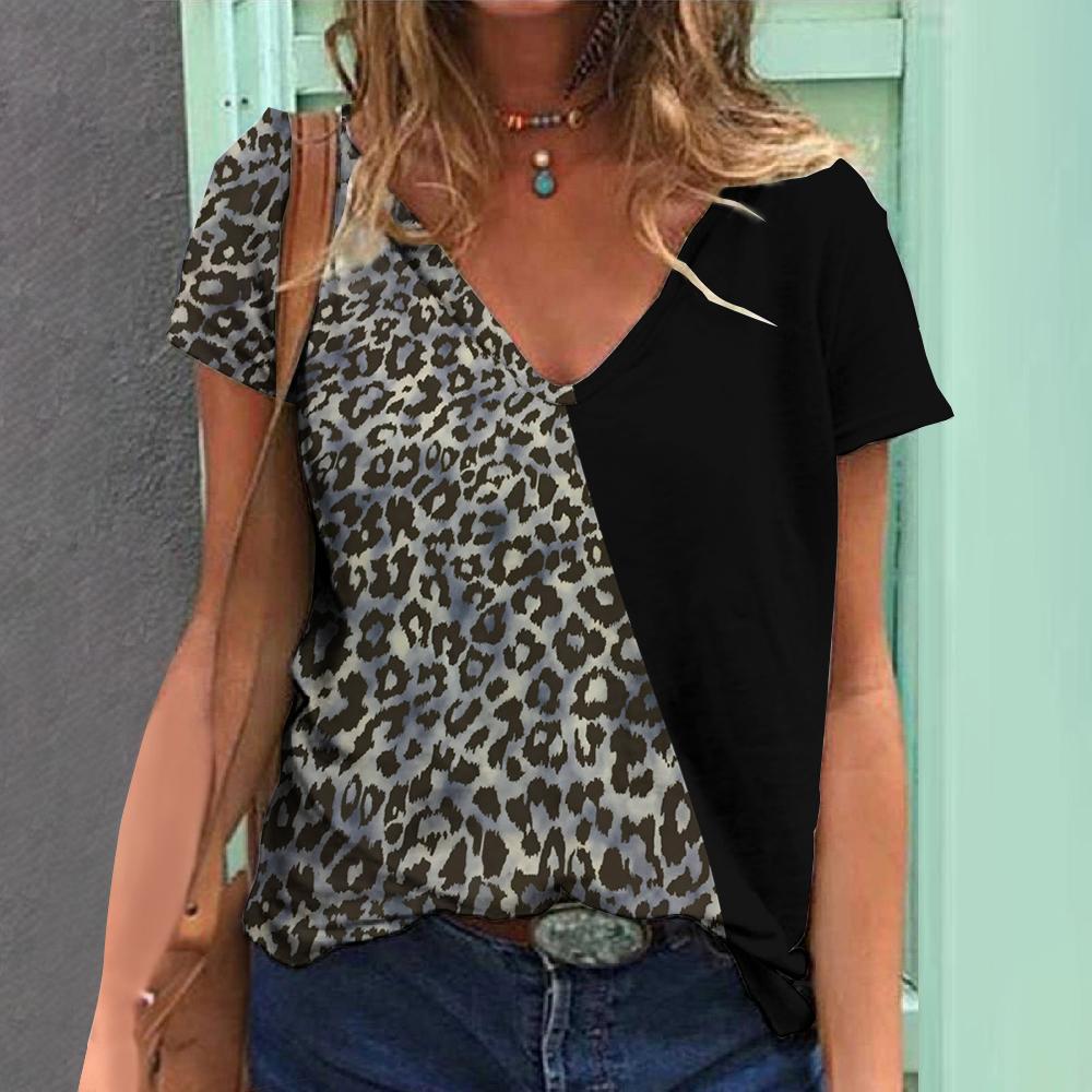 Summer Leopard 3D Print T-shirt Women Casual Fashion Streetwear Short Sleeve V-Neck T Shirt Harajuku Tees Tops Oversize Clothing