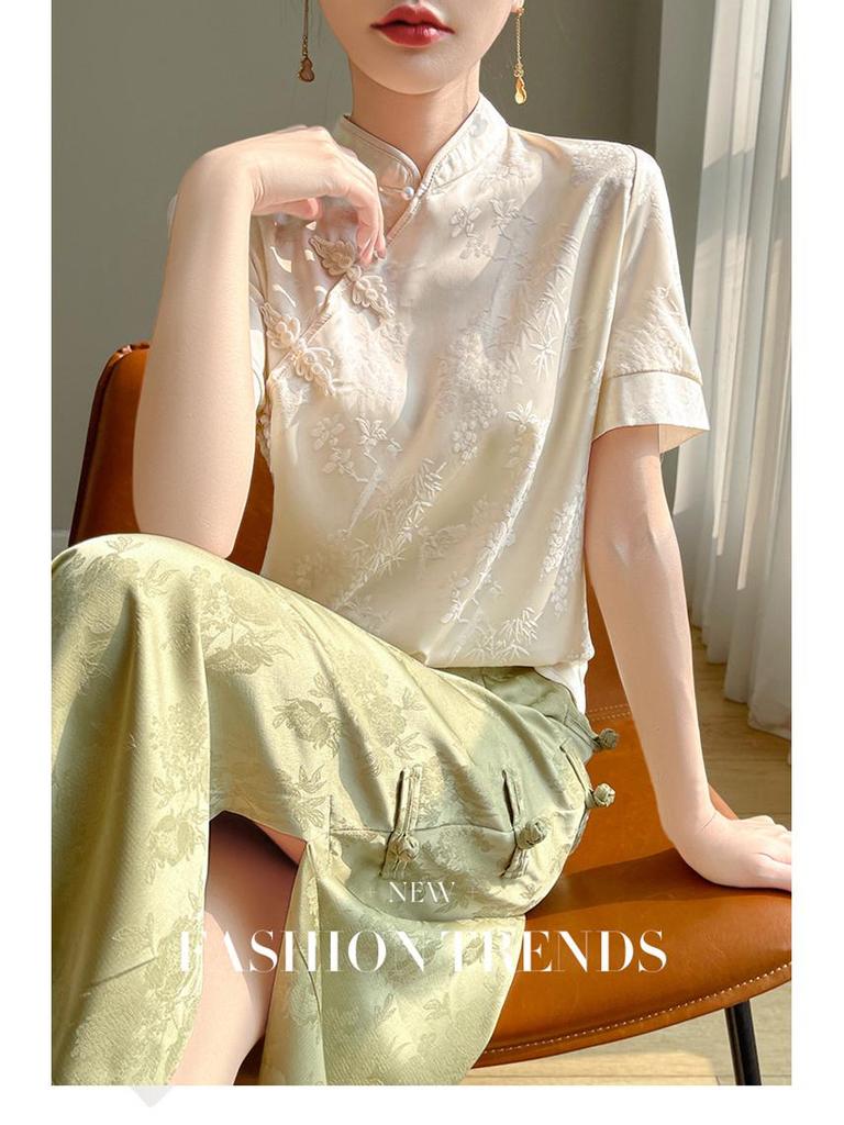 Женская атласная футболка с китайской застежкой-лягушкой: Короткий рукав, воротник-стойка, ретро-стиль