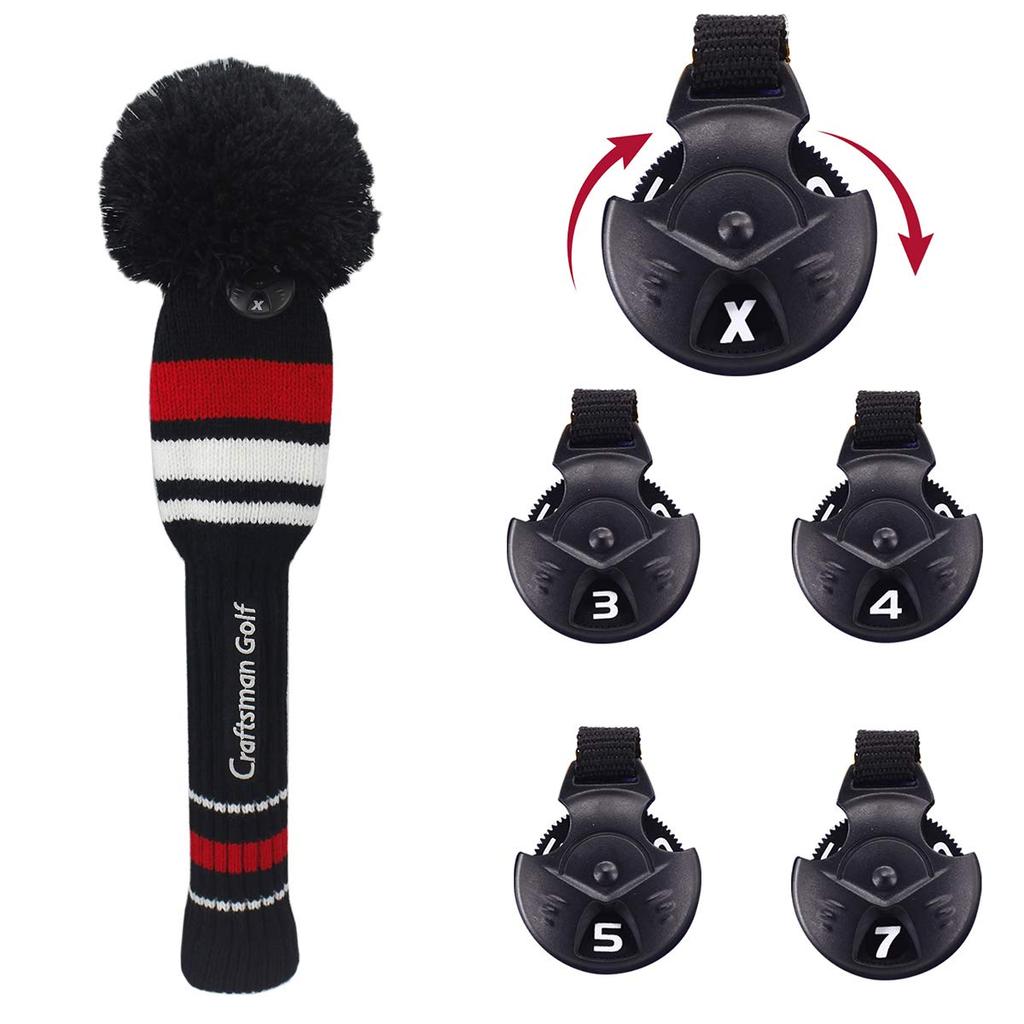 Craftsman Golf Fairway Wood Cover Single Item #F Number (3, 4, 5, 7, X) Knit Pom Pom Club Head Cover Black, White, Red