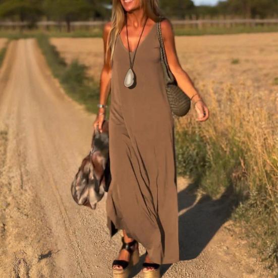 Женское летнее платье-комбинация без рукавов, повседневное платье макси с V-образным вырезом и разрезом, свободный пляжный сарафан, наряд для путешествий и отпуска