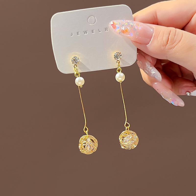 Tassel Earrings Diamond Butterfly Flower Pearl Stud Earrings Temperament Fashion Long Thin Earrings