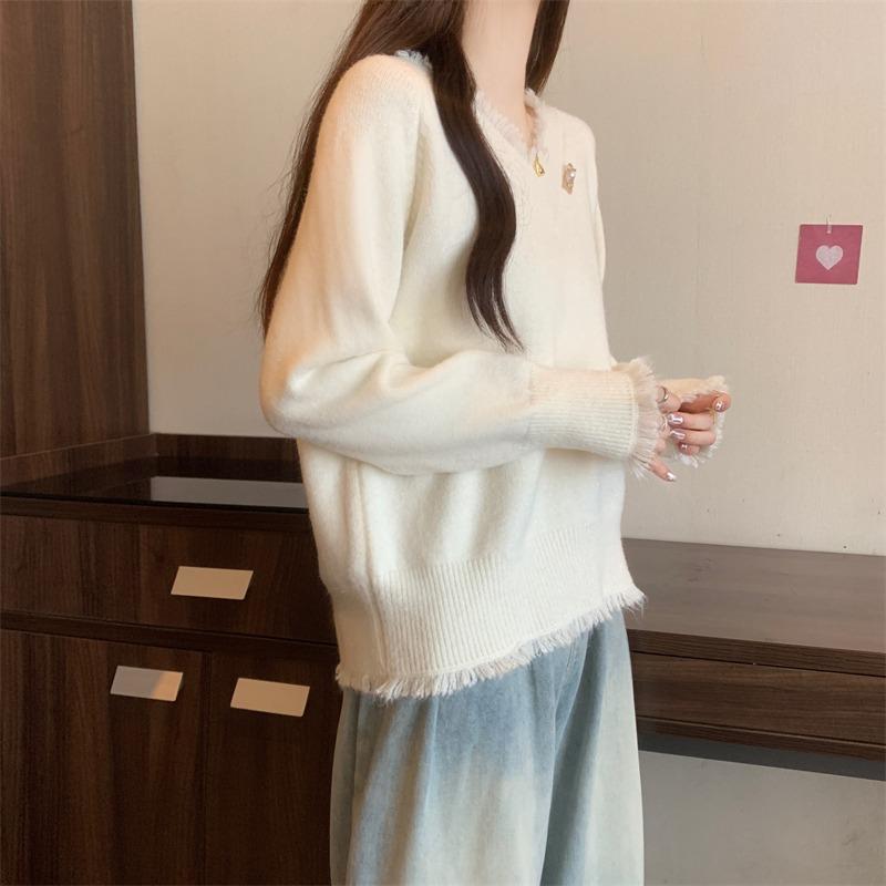 Fashion Sweet Tassel V-neck Red Pullover Sweater Women Autumn and Winter New Thick Warm Knitted Sweaters Women Elegant Solid Casual Jumpers Tops 25841