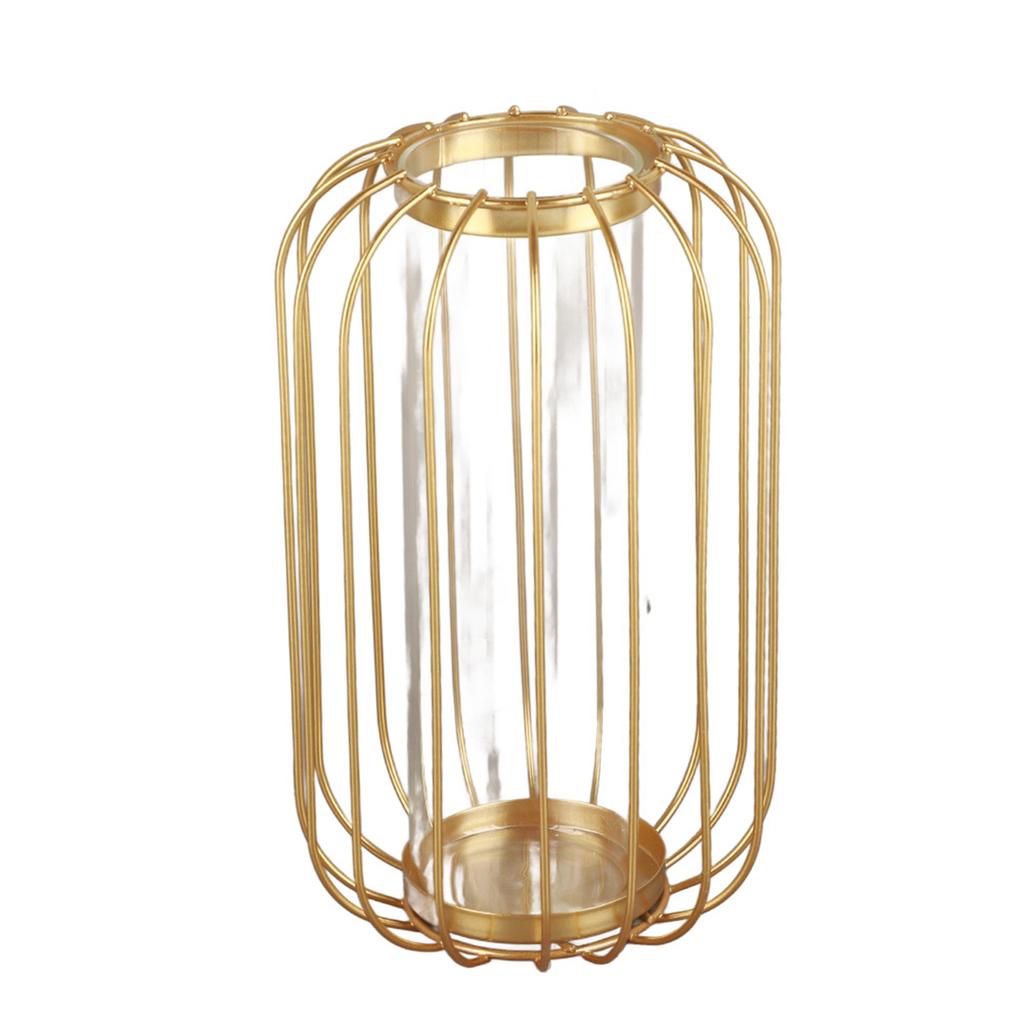 Nordic Lantern Shaped Wrought Iron Vase Glass Iron Tabletop Flower Vase(  Gold)