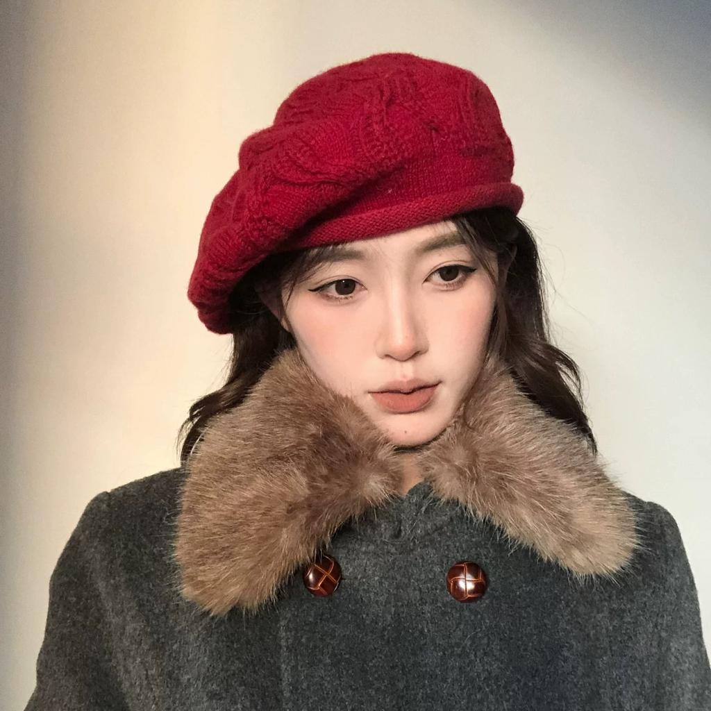 Solid color wool beret crochet casual versatile wool hat women's autumn and winter British retro knitted bud hat
