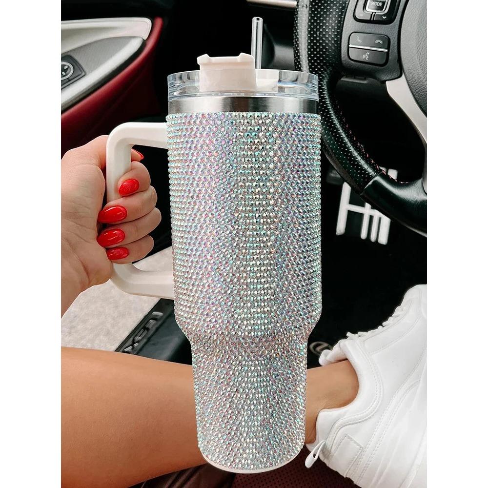 40 унций блестящий бриллиант блестящий бриллиант термокружка из нержавеющей стали для автомобильной бутылки соломка большой емкости со стразами