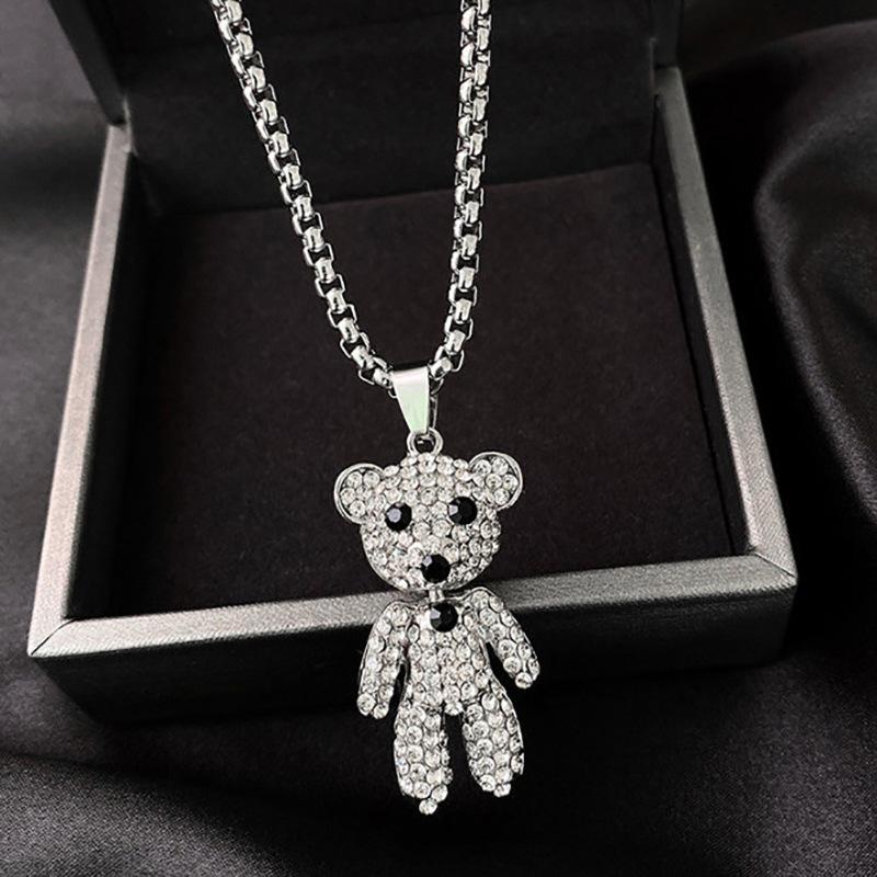 Hip-Hop Titanium Steel Bear Doll Pendant Necklaces For Womon Vintage Cubic Zirconia Sweater Chain Jewelry