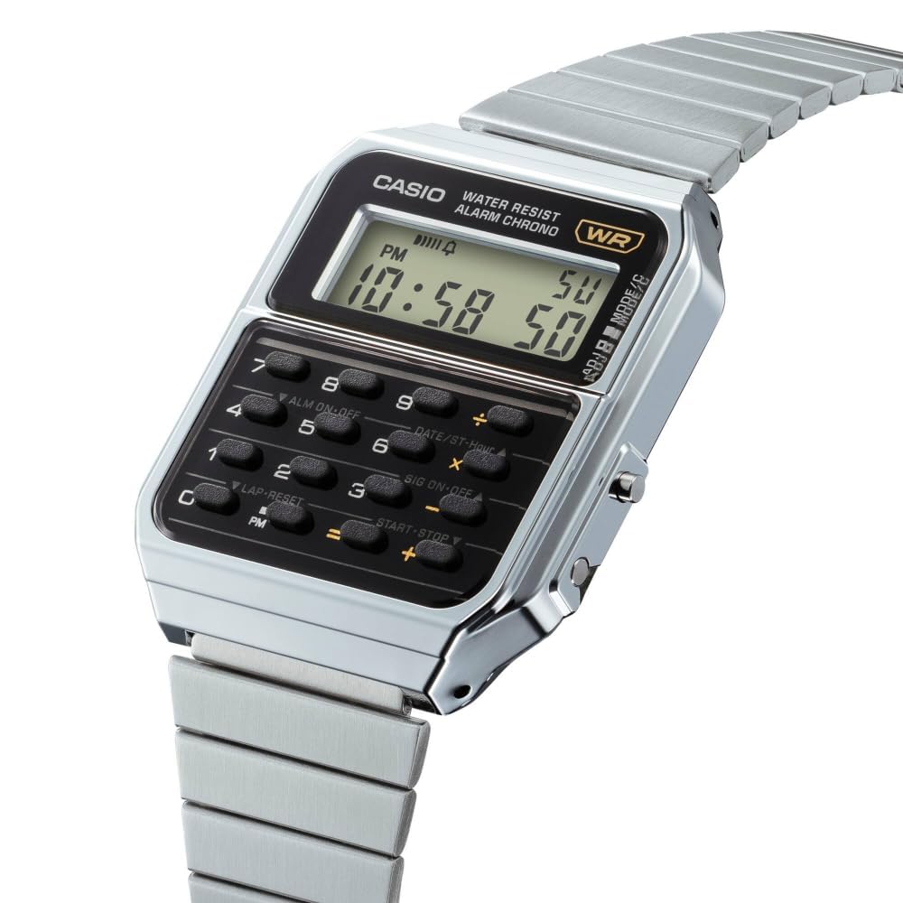 Casio CA500WE-1A Часы-калькулятор Серебристый ремешок Унисекс Большой черный циферблат 43,2×34,4×8,2 мм Классические