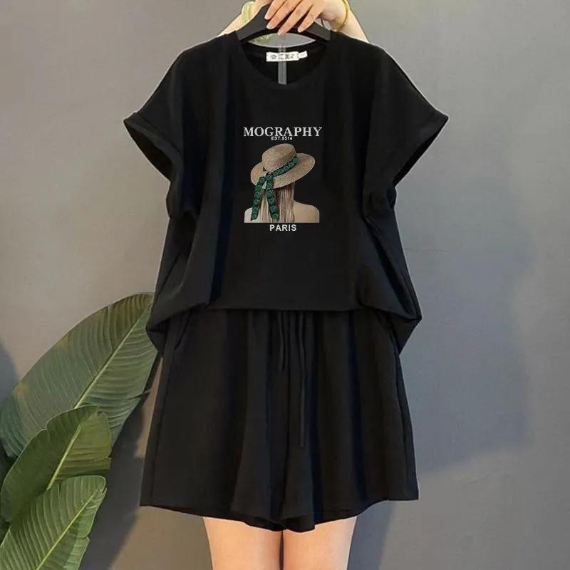 Костюм женский большого размера хлопковая футболка с капюшоном брюки из двух частей удобный топ с короткими рукавами и длинные брюки костюм из 2 предметов