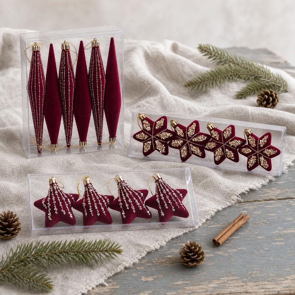 4/6PCS Hexagram Velvet Christmas Ball Set Exquisite Long Finial Hanging Ornaments New Year