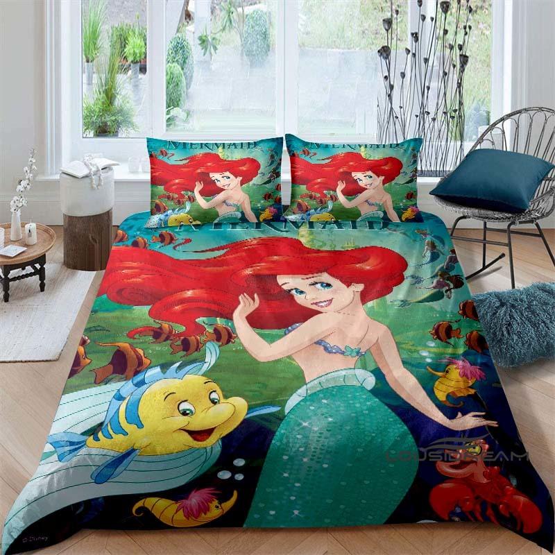 Cartoon The Little Mermaid Duvet and Pillowcase Bedding Set, for Boys and Girls' Bedroom Decor, Children's Gifts.