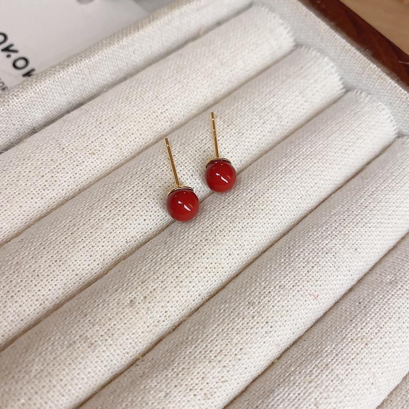 Ankara Red Stud Earrings: Silver Needle Drip Oil, Simple and Versatile Fashion for Women.