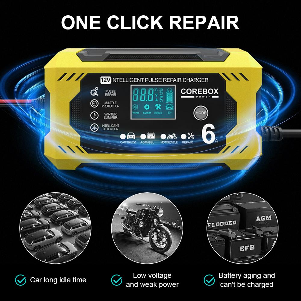 6A 12V Car Battery Chargers Intelligent Pulse Repair For Lead Acid AGM Gel Batteries Charging Household Storage Cell Uinversal