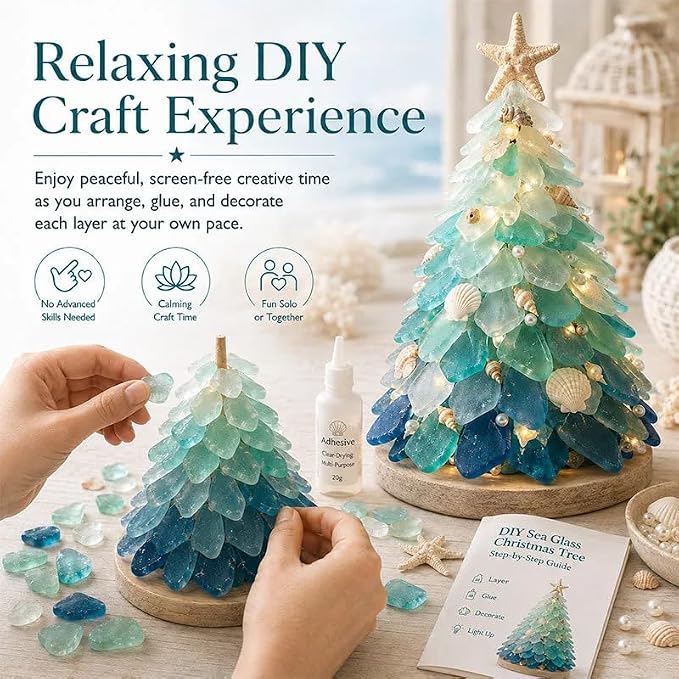 Sea Glass Christmas Tree 3D Glowing Handmade Art Set Jellyfish