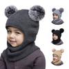 New Cute Balaclava Hats Children Double Balls One-piece Hat Scarf Boys Girls Autumn Winter Pompom Ball Wool Cap