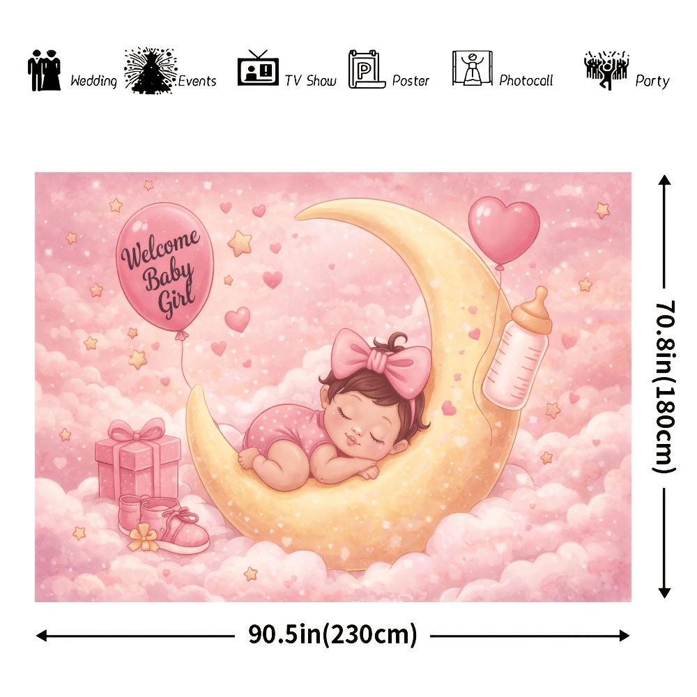2D plane-themed banner background for the new arrival party. Pink cloud and crescent moon theme with heart-shaped stars.