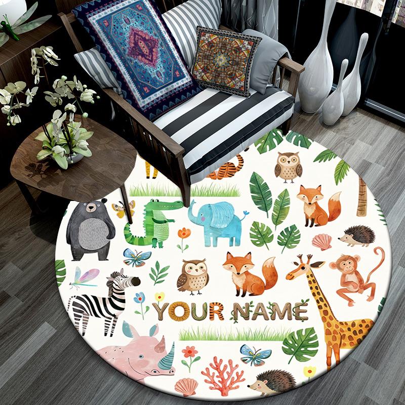 Custom Name Custom Animal Round Area Rug,Carpet Rug for Living Room Bedroom Sofa Playroom Decor,Non-slip Floor Mat