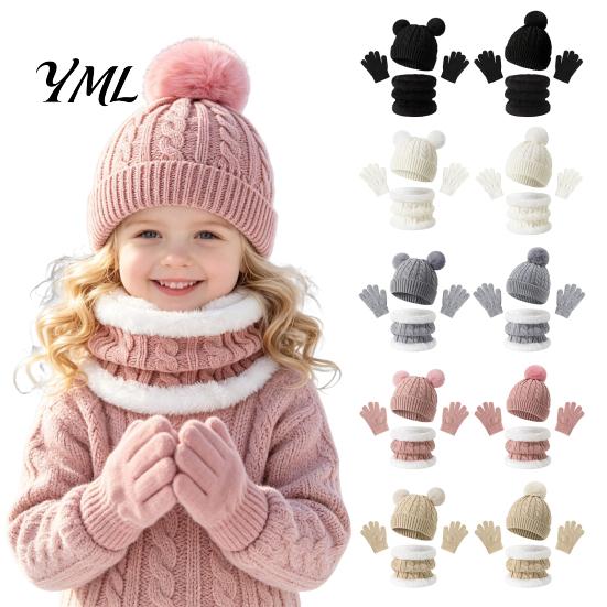 Five Finger Winter Gloves for Toddlers Kids Warm Knit Set, Bear Ear Hat, Fleece Lined Neck Gaiter & Toddler Hat Scarf Glove Set Full Gloves,