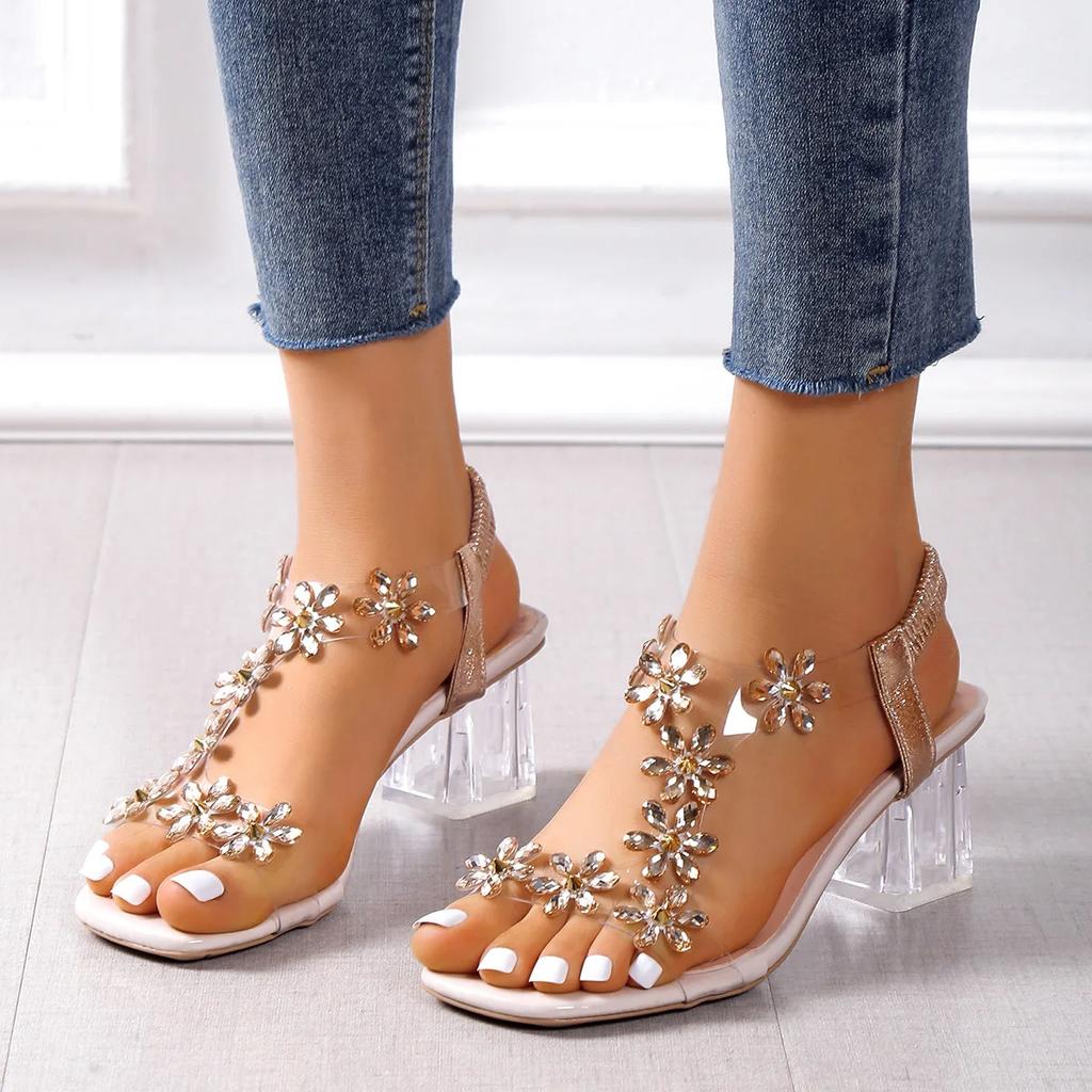 Fashion Women;s Sandals Pvc Crystal Flower Shoes for Women Decoration Chunky Heel Sandals Ladies Back Strap Fashion Shoes Female2024