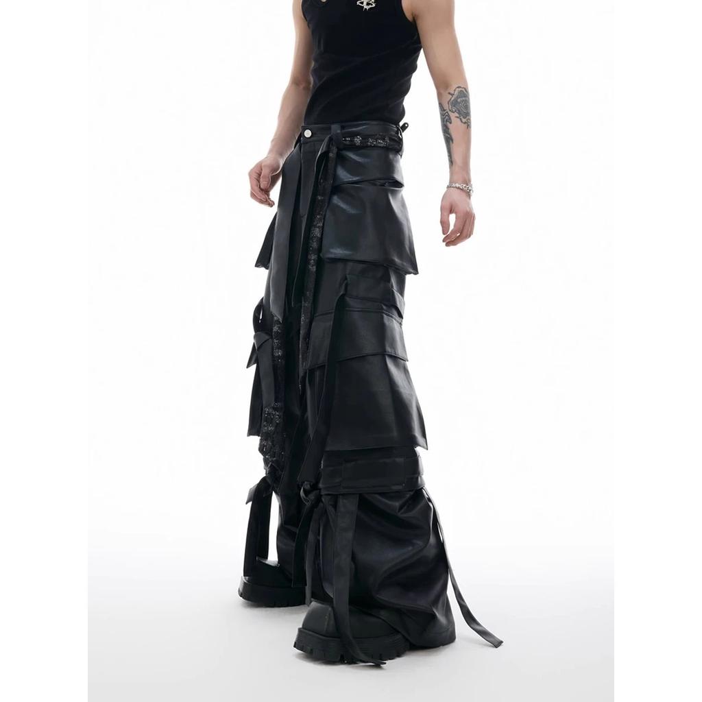 BeatStreet Autumn Cool Long Baggy Black Pu Leather Wide Leg Cargo Pants Men Many Pockets Luxury Designer Emo Clothes Streetwear