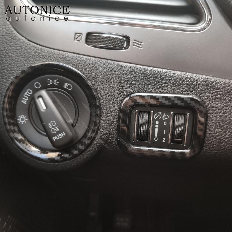 2pc Carbon Fiber Color Headlight Switch Decorative Cover Trim Fit for Dodge Journey JCUV 2013 2014 2015 2016 2017 2018