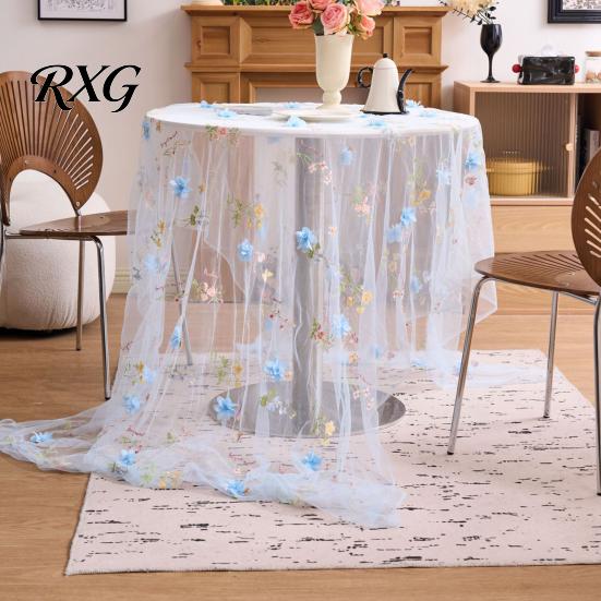 Baby Shower Tablecloth Lace Embroidery Floral Tablecloth, 3D Flower Tulle Sheer Table Cover, Seasonal Colorful Cloth for Wedding Birthday Tea